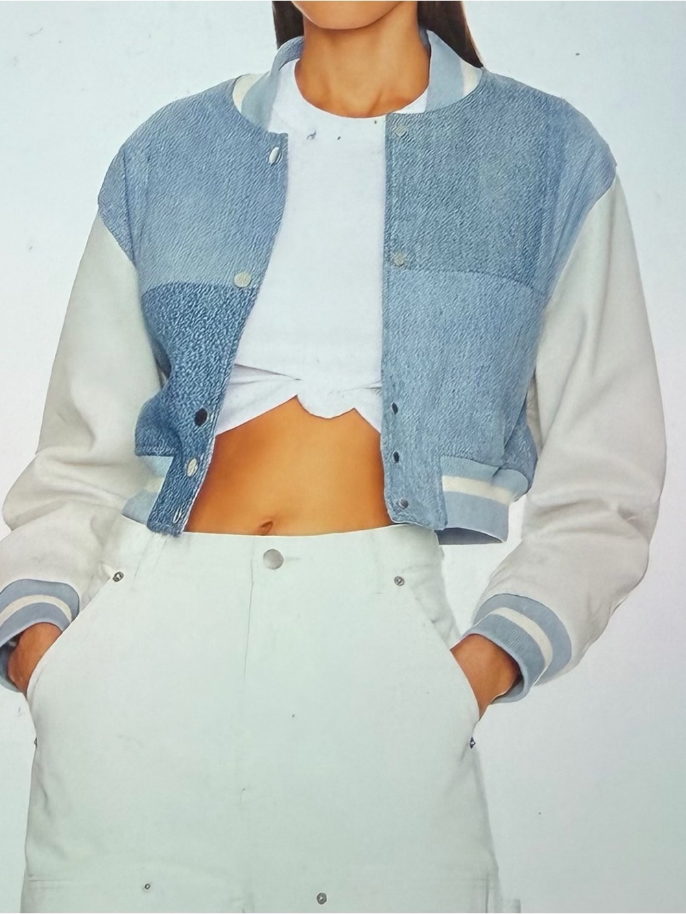 EB Denim Cropped Varsity Jacket